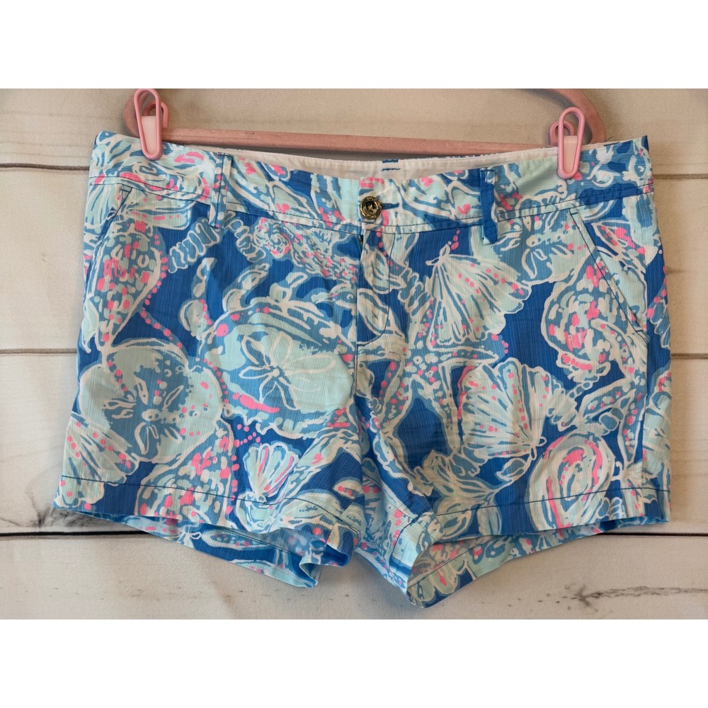 Lilly Pulitzer Callahan Shorts Blue Pink Seashell Starfish Print Size 16